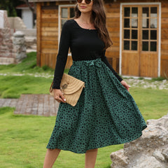 Casual Daily 2pc Set Crew Neck Long Sleeve Tops & Dalmatian Print Skirts
