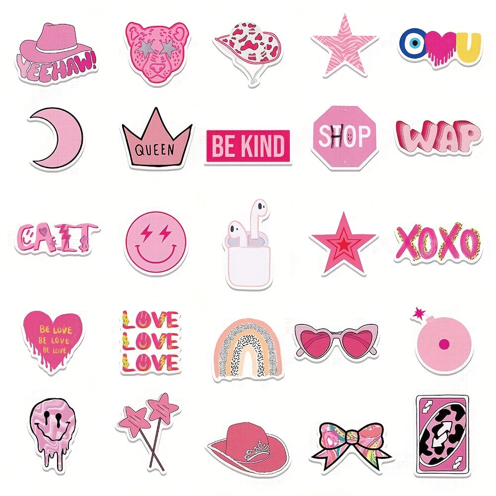 50 Pink College Style Stickers for Notebook, Phone Case, Cup, Luggage