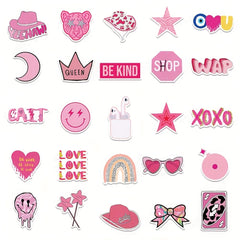 50 Pink College Style Stickers for Notebook, Phone Case, Cup, Luggage