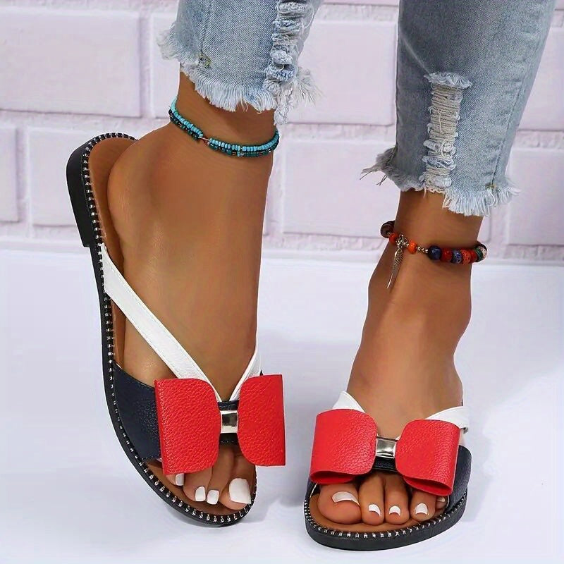 Women's Colorblock Bowknot Flat Slippers Open Toe Non-slip Slides