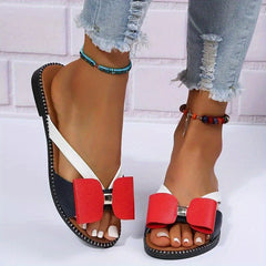 Women's Colorblock Bowknot Flat Slippers Open Toe Non-slip Slides