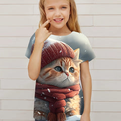 Chubby Cat Snow Graphic T-shirt for Girl
