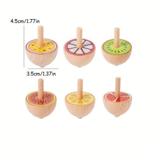 6pcs Wooden Spinning Top Toys Cartoon Fruit Animal Theme Patterns Classic Game