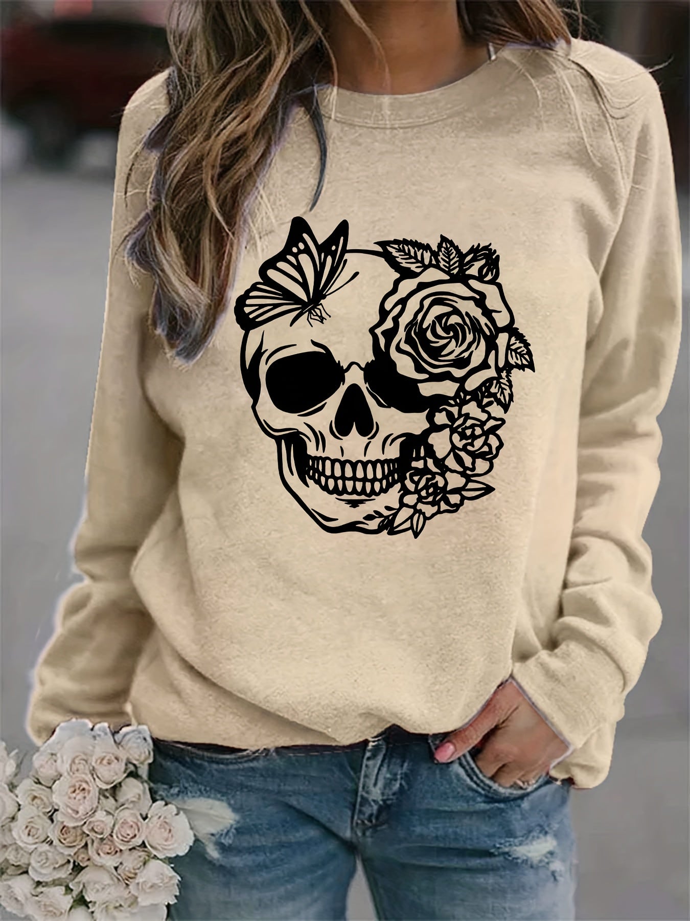 Rose Skull Print Loose Sweatshirt Casual Long Sleeve Crew Neck Women's Clothing
