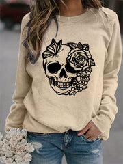 Rose Skull Print Loose Sweatshirt Casual Long Sleeve Crew Neck Women's Clothing
