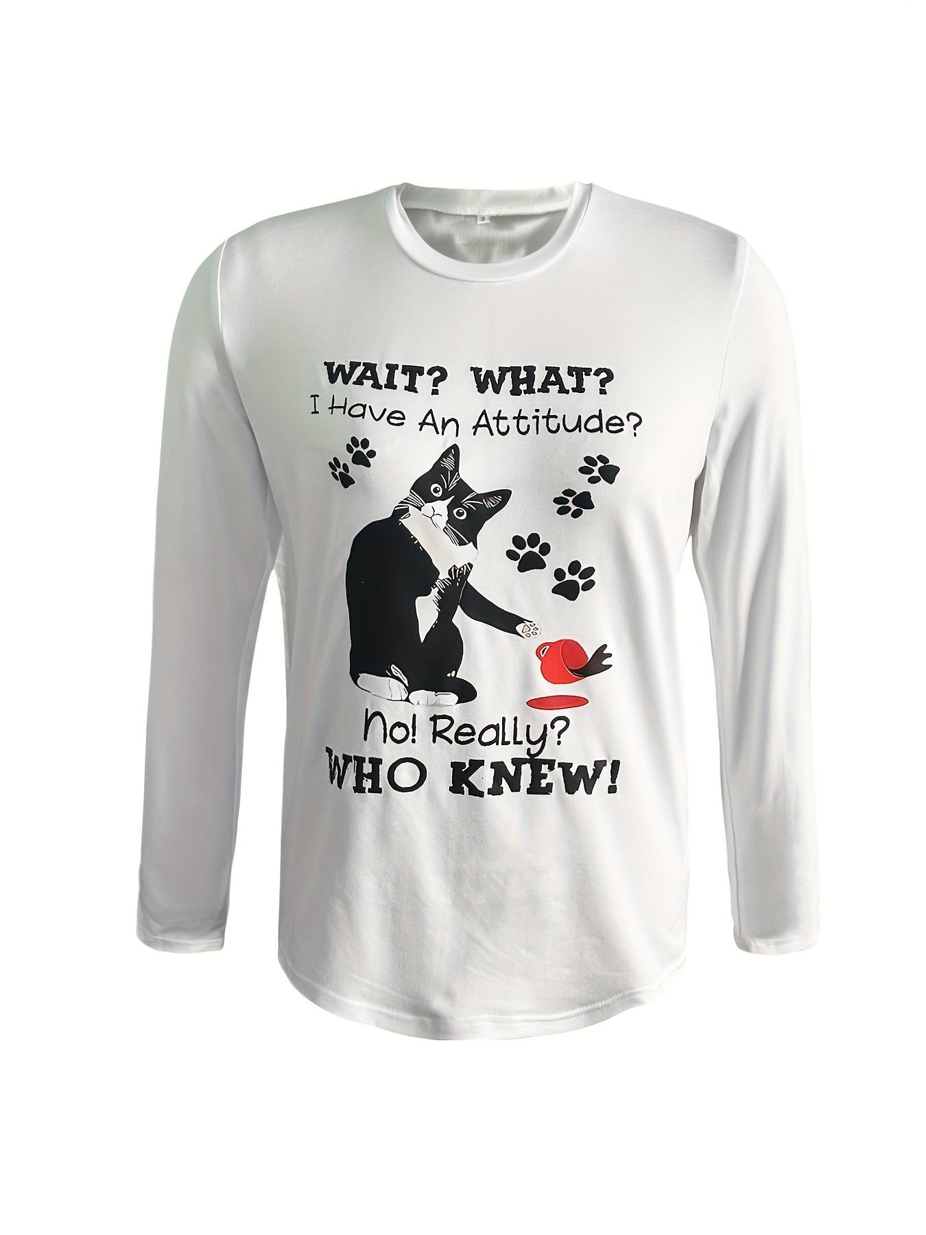 Cat & Letter Pattern Casual T Shirt Long Sleeves Round Neck Slight Stretchy
