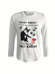Cat & Letter Pattern Casual T Shirt Long Sleeves Round Neck Slight Stretchy