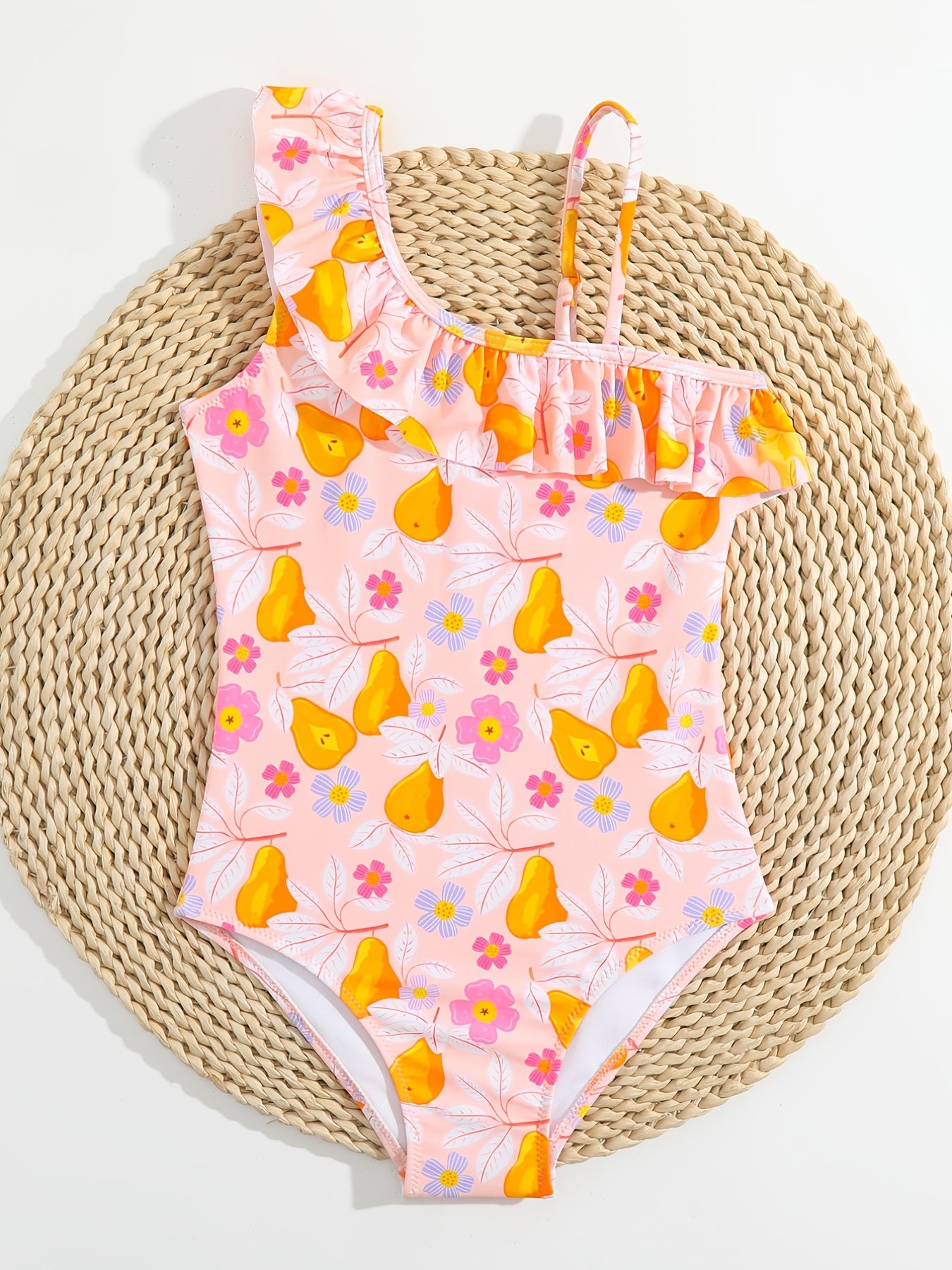 Girls Ruffle Pear Floral Print One Piece Swimsuit