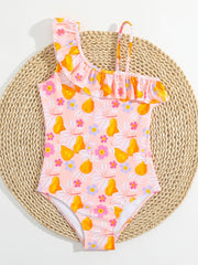 Girls Ruffle Pear Floral Print One Piece Swimsuit