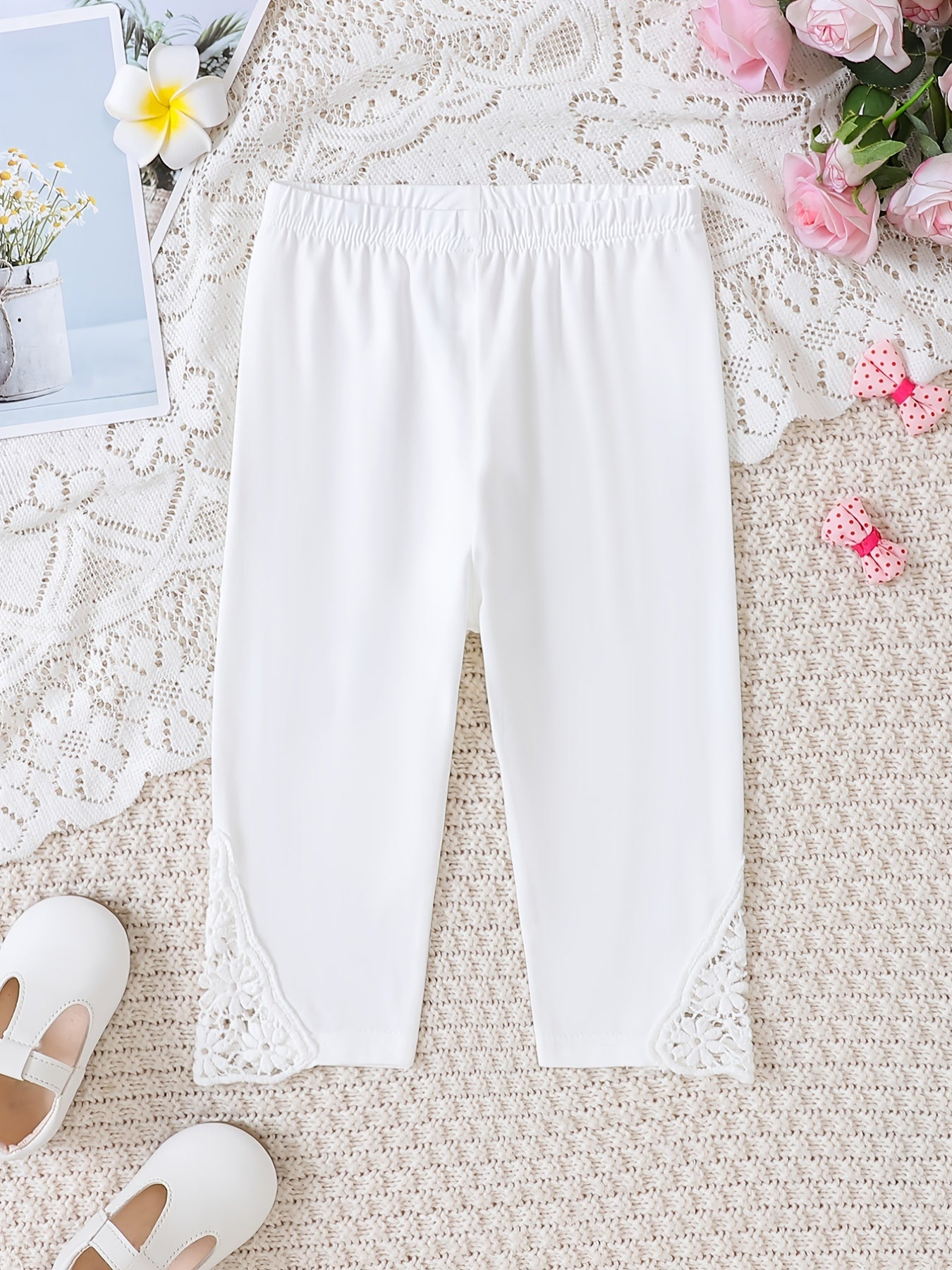 Girls Stretch Soft Leggings Lace Patchwork Elastic Waist Cropped Pants