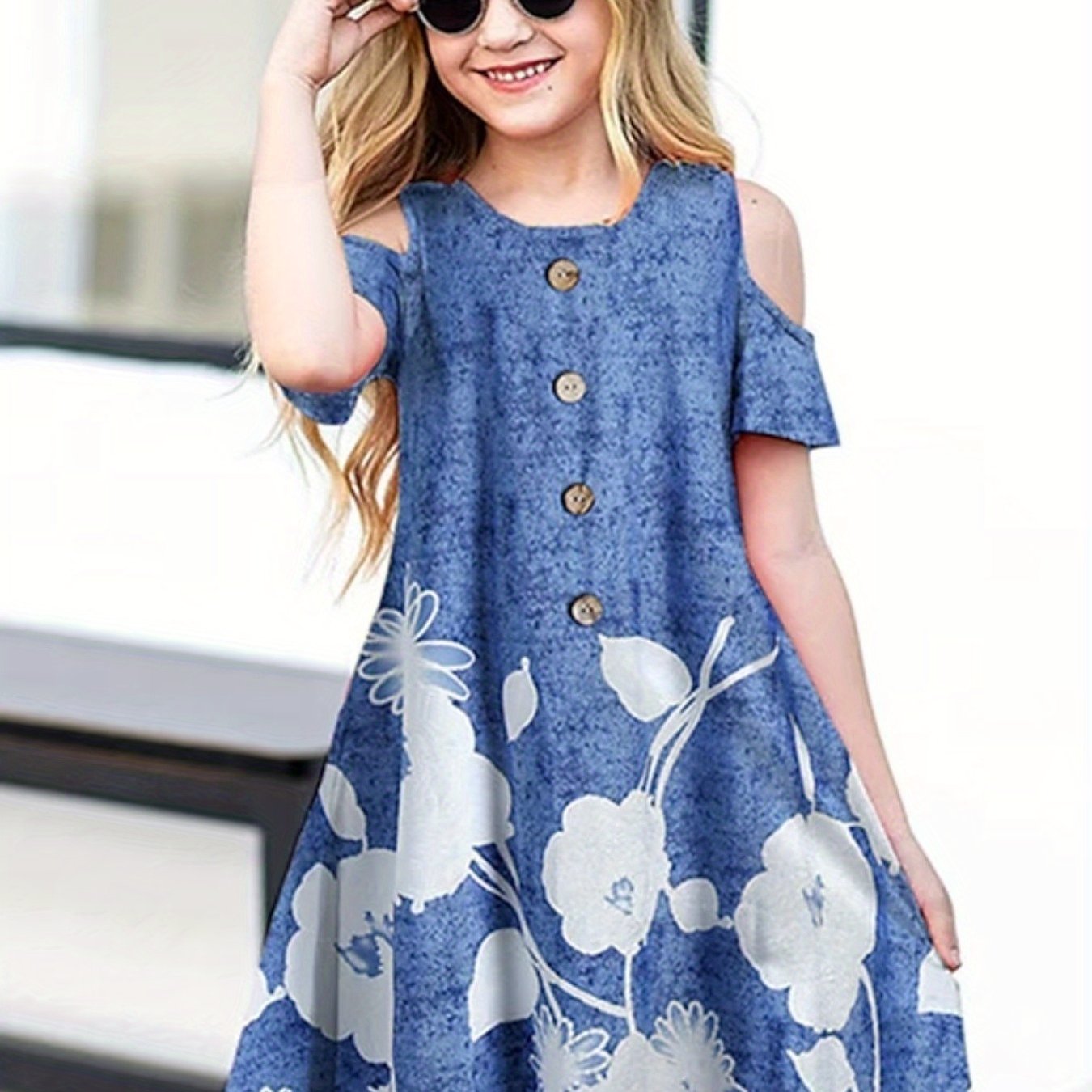 Girls Flower Graphic Cold Shoulder Dress for Summer Party