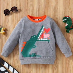 Cartoon Crocodile Print Boys Casual Pullover Sweatshirt