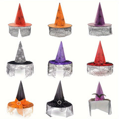 Halloween Witch Hat Decorative Mesh Pumpkin Print Magician Pointed Wizard Hat