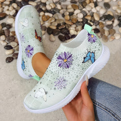 Women's Flower & Butterfly Sneakers Slip On Outdoor Shoes Breathable Woven