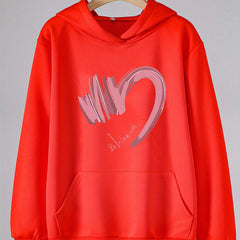 Heart Print Hoodies Girls Comfy Hooded Pullover Tops With Pocket