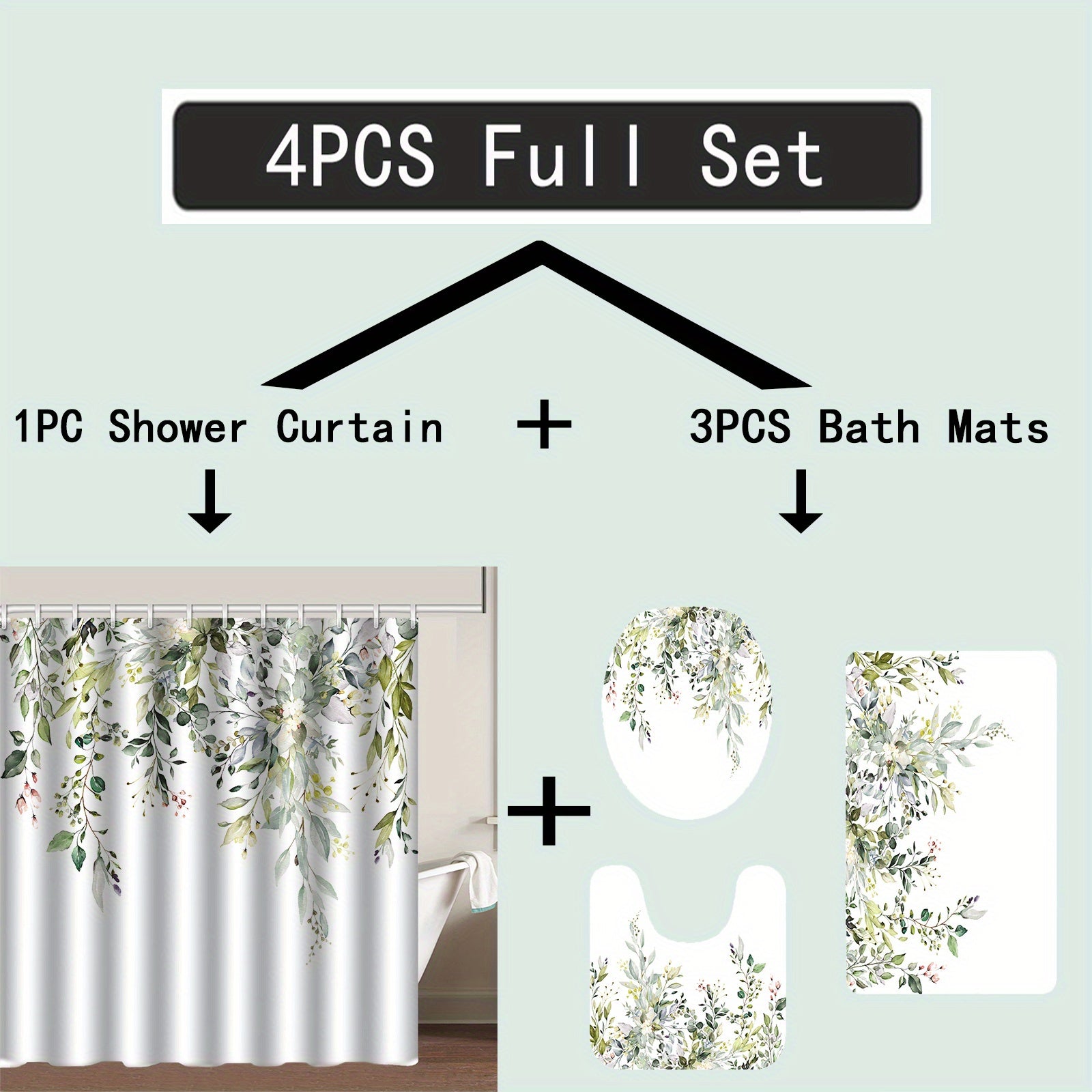 4pcs Green Eucalyptus Shower Curtain & Bathroom Mat Set