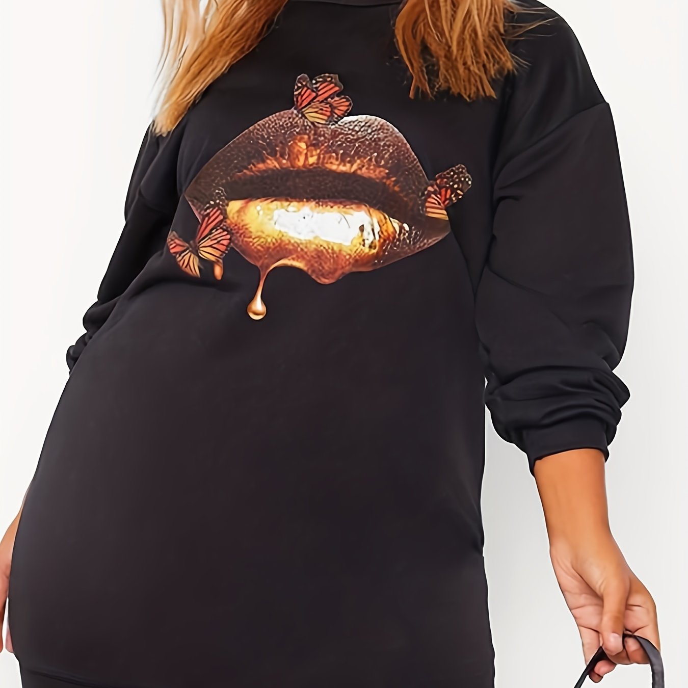 Casual Dress Red Lip & Butterfly Print Sweatshirt Dress