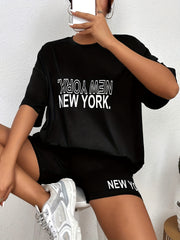 Letter Print Matching Two piece Set Casual T-shirt & Biker Shorts