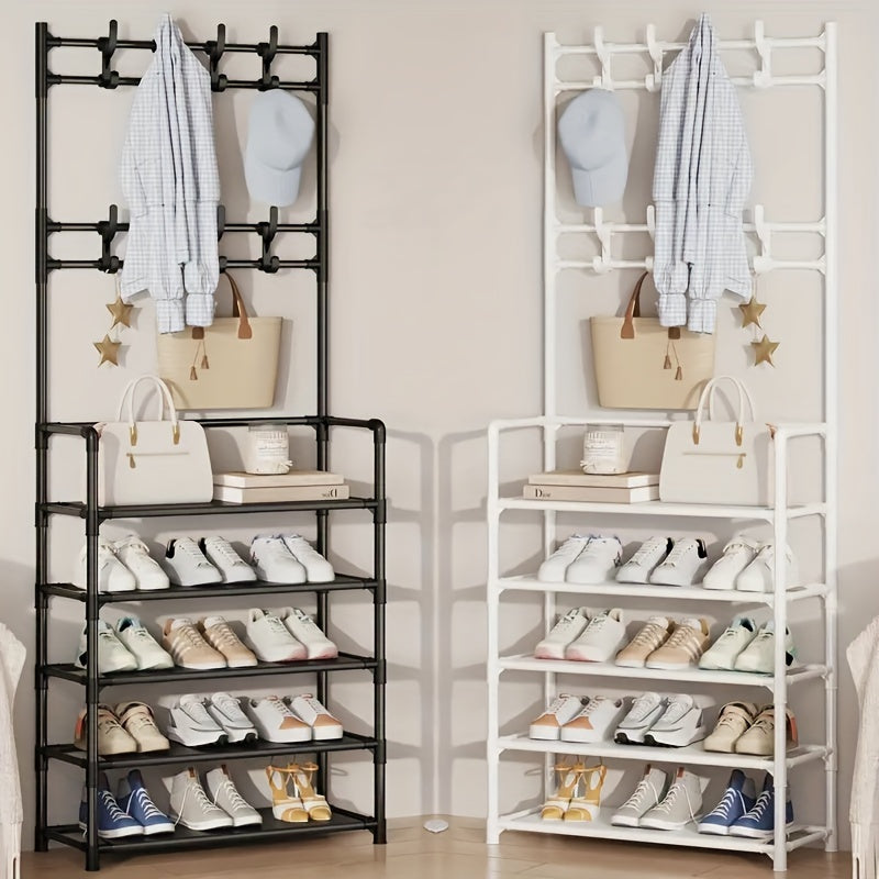 Entrance Coat Rack Shoe Rack with Storage Shelves and Hooks
