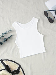 Ribbed Sleeveless Crop Top Round Neck Sports Tank