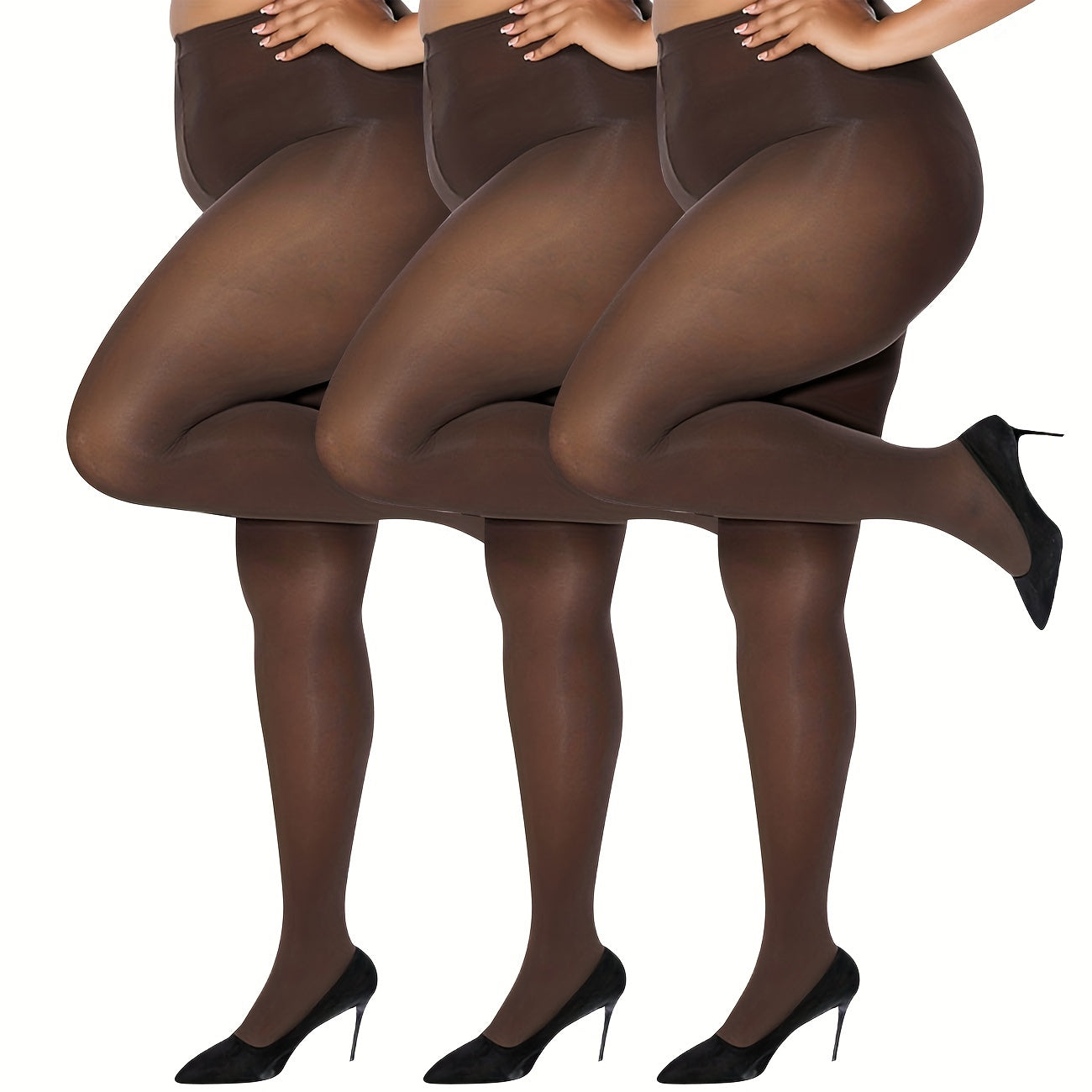 3 Pairs Plus Size Basic Pantyhose Set Women's Plus Solid Control Top