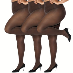 3 Pairs Plus Size Basic Pantyhose Set Women's Plus Solid Control Top