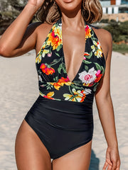Floral Print Plunge V Neck One Piece Swimsuit
