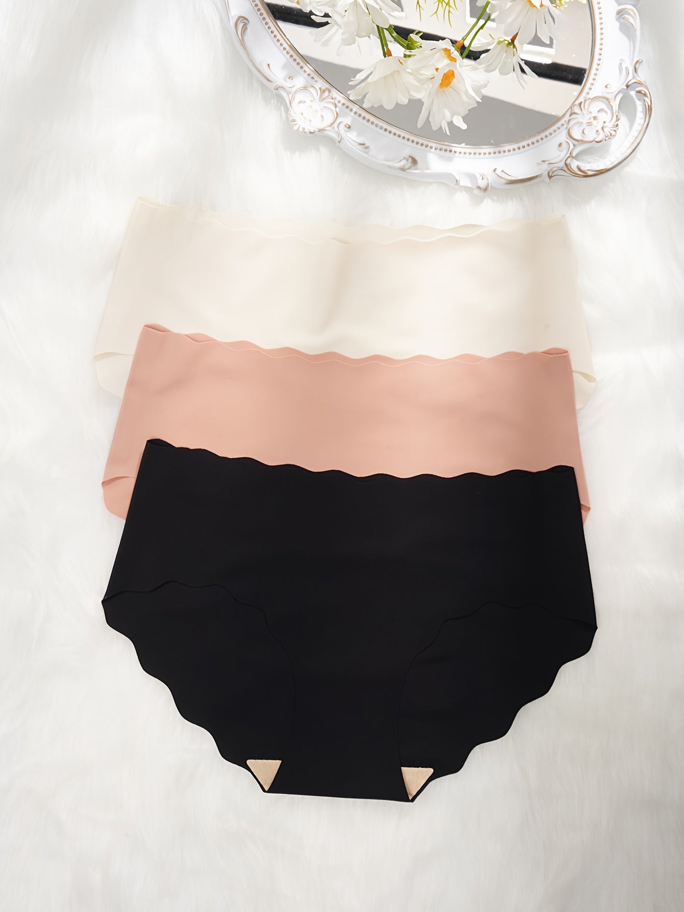 3pcs Seamless Scallop Trim Briefs Stretchy Intimates Panties Women's Lingerie