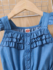 Girls Ruffled Denim Shorts Romper with Bow - Summer Casual