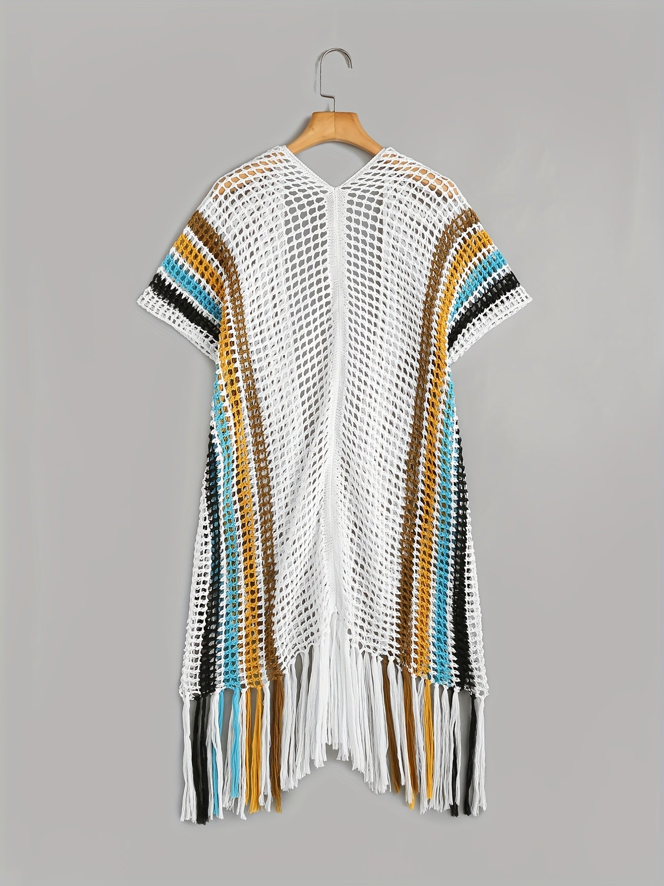 Open Knit Tassel Cover Up Short Sleeve Beach Cover Up Women's Swimwear