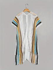Open Knit Tassel Cover Up Short Sleeve Beach Cover Up Women's Swimwear