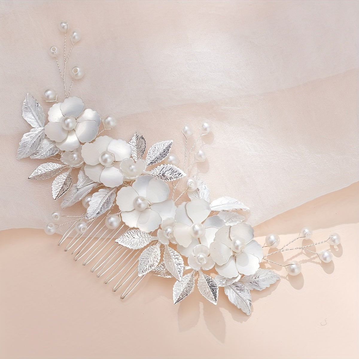 Pearl Flower Hair Comb Golden Leaf Headpiece