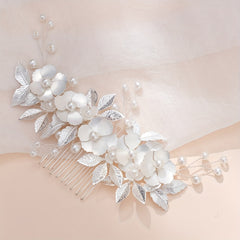 Pearl Flower Hair Comb Golden Leaf Headpiece