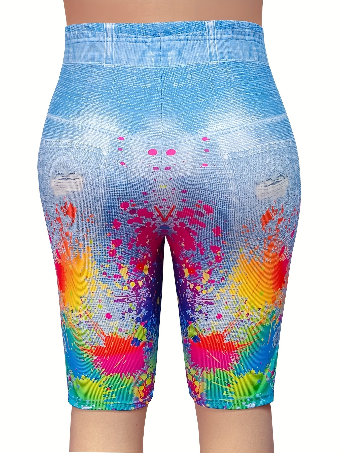 Denim & Splash Print High Rise Stretchy Skinny Shorts