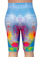 Denim & Splash Print High Rise Stretchy Skinny Shorts