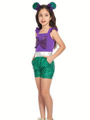 Girls Mermaid Ruffle Sleeve Jumpsuit with Bow Romper for Summer Costume