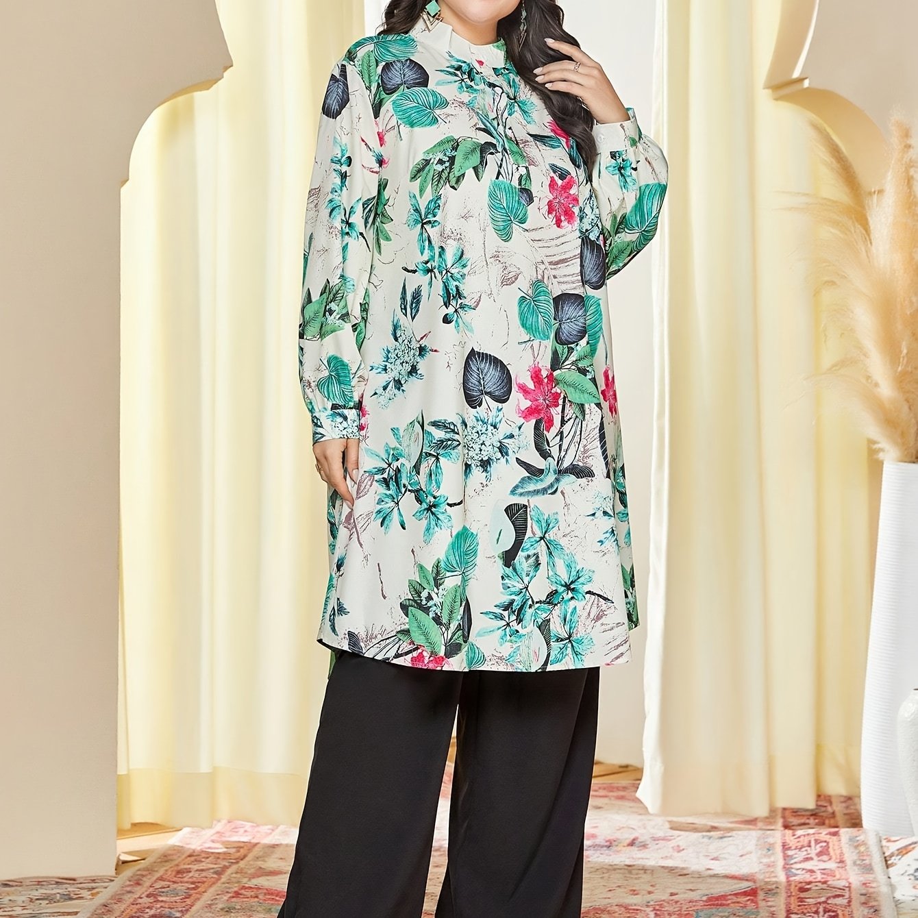 Women's Plus Tropical Print Lantern Sleeve Top & Pants Set