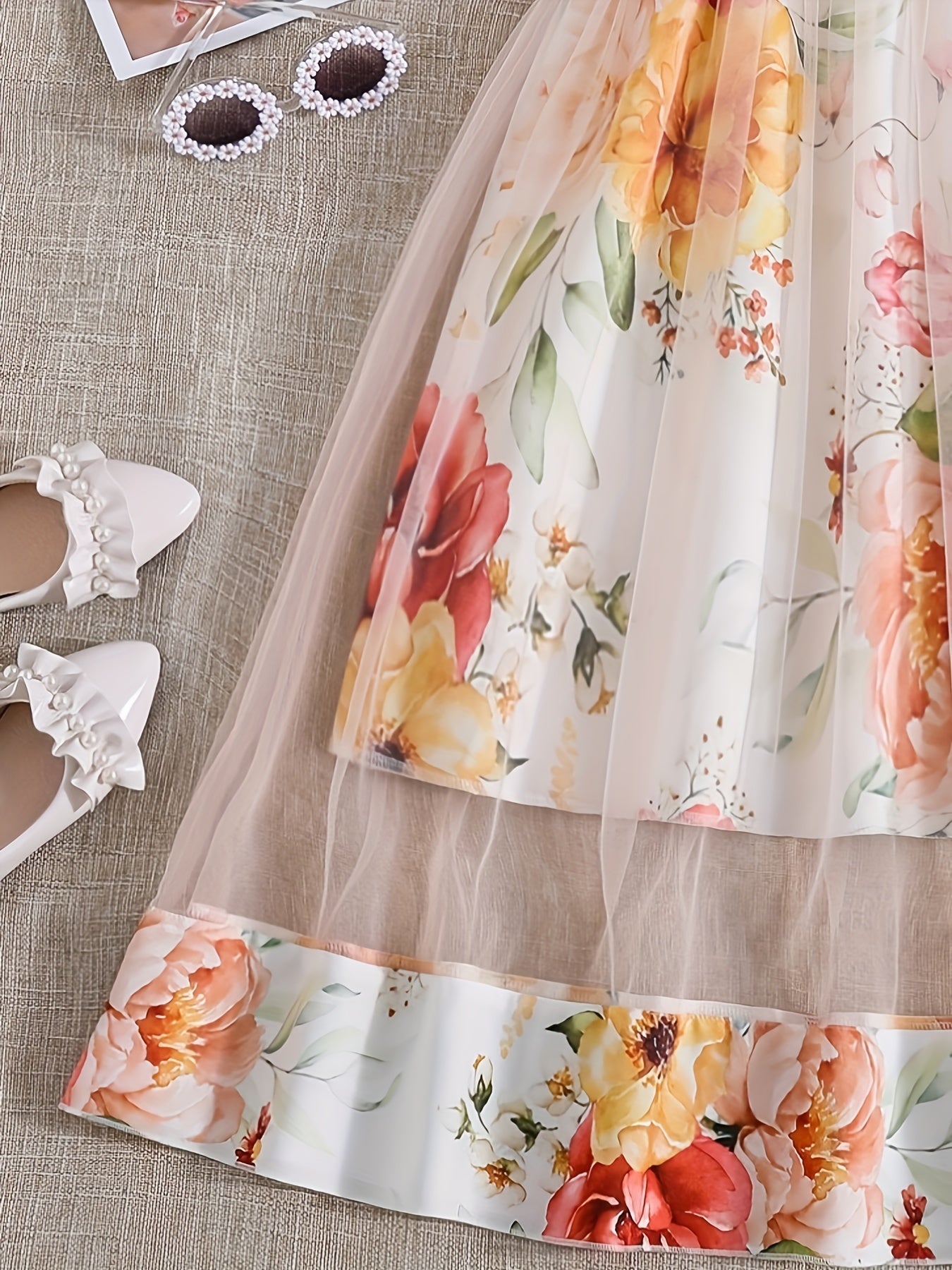 Girls Floral Print Mesh Sleeveless Cami Dress for Summer
