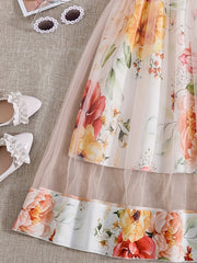 Girls Floral Print Mesh Sleeveless Cami Dress for Summer
