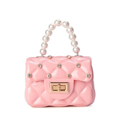 Girls Rhombus Texture Pearl Rhinestones Handbags Messenger Bag