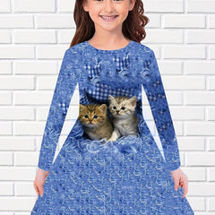Sweet Girls Kitten Long Sleeve Dress for Spring Fall Party