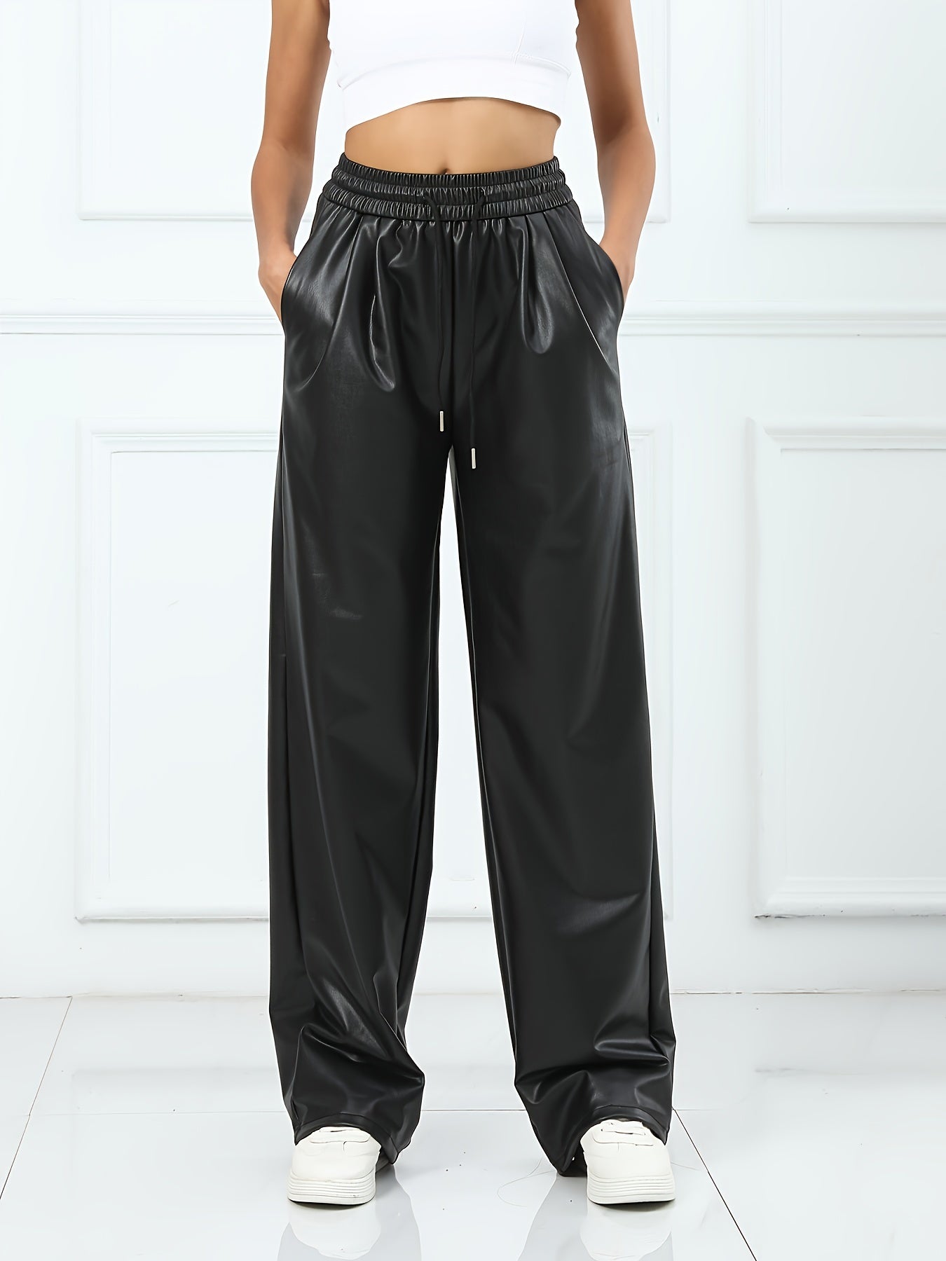 Soft PU Leather Casual Sports Pants Elastic Waist Running Jogging Pants