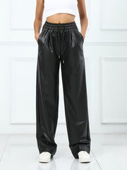 Soft PU Leather Casual Sports Pants Elastic Waist Running Jogging Pants