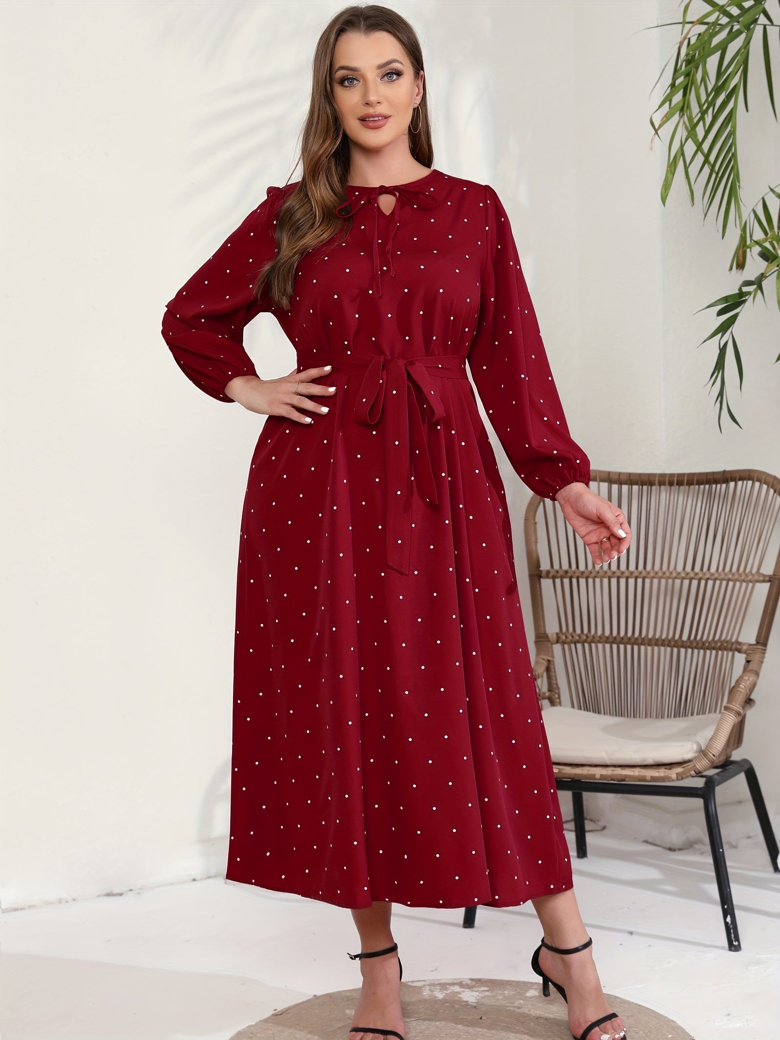 Polka Dot Long Sleeve Maxi Dress With Belt