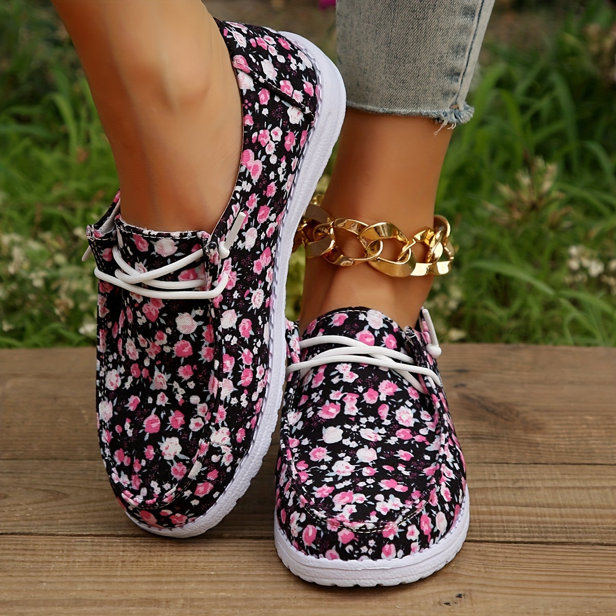 Floral Pattern Canvas Loafers Lace Up Slip On Shoes