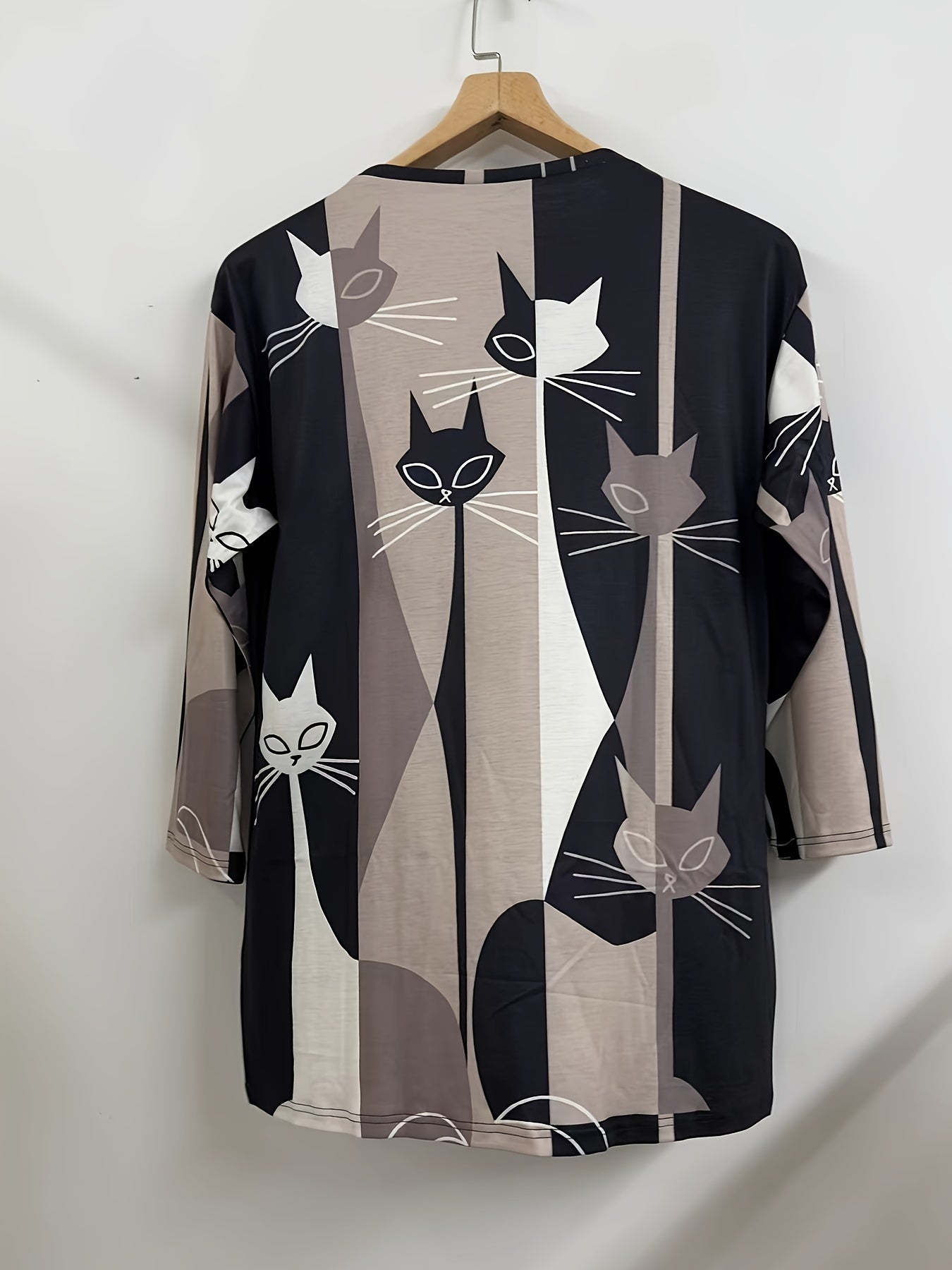 Colorblock Cat Print Long Sleeve Round Neck Dress Plus Size