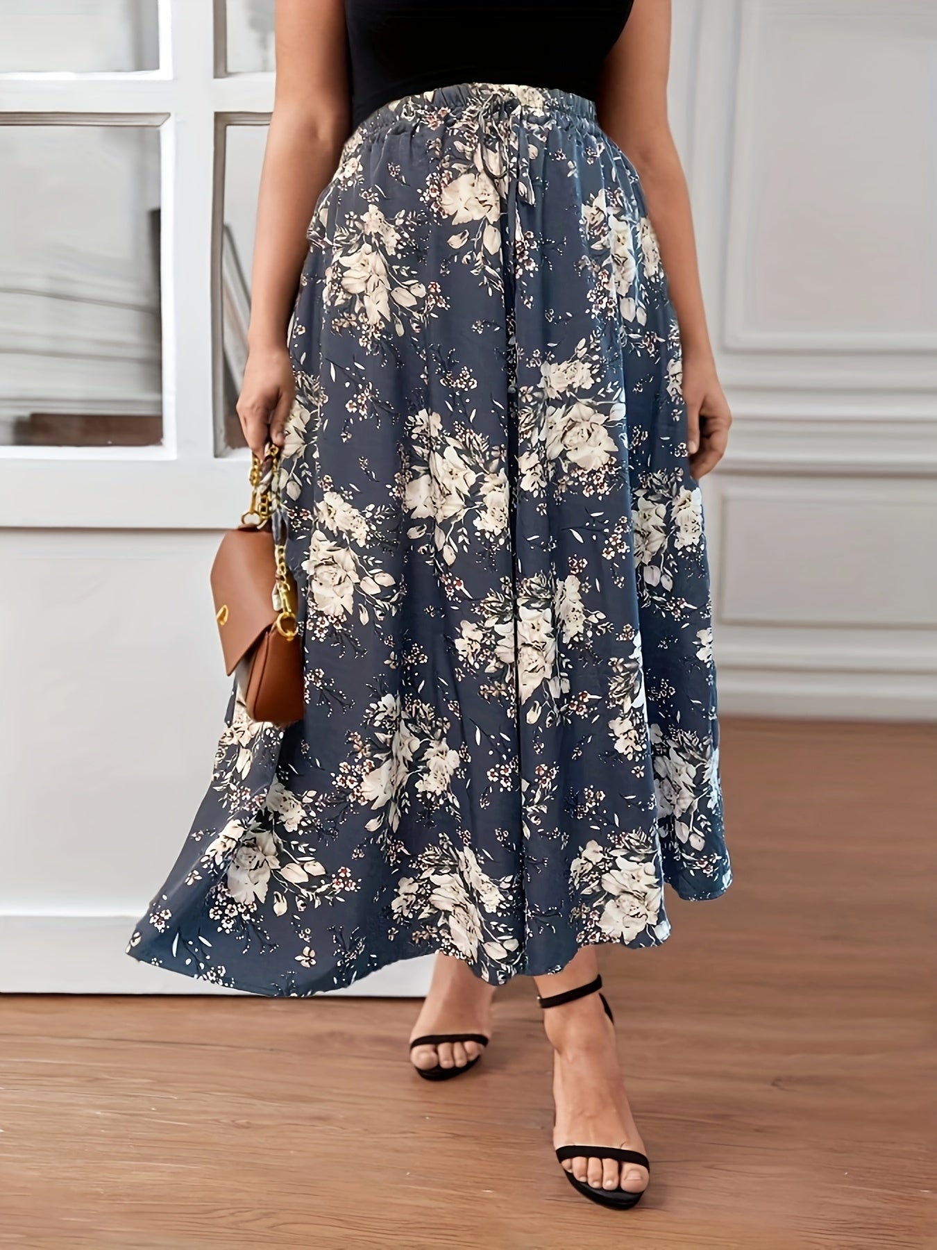 Women's Plus Floral Print Pleated Maxi Skirt