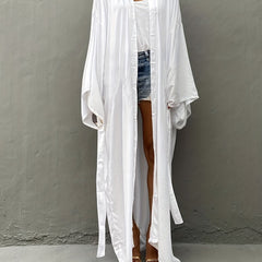 Solid Long Sleeve Open Front Long Cardigan With Belt