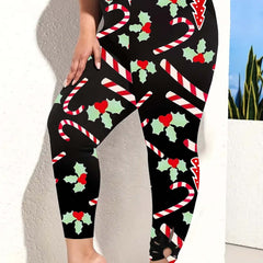 Women's Plus Christmas Candy Print Side Cut Out High Rise Skinny Trousers