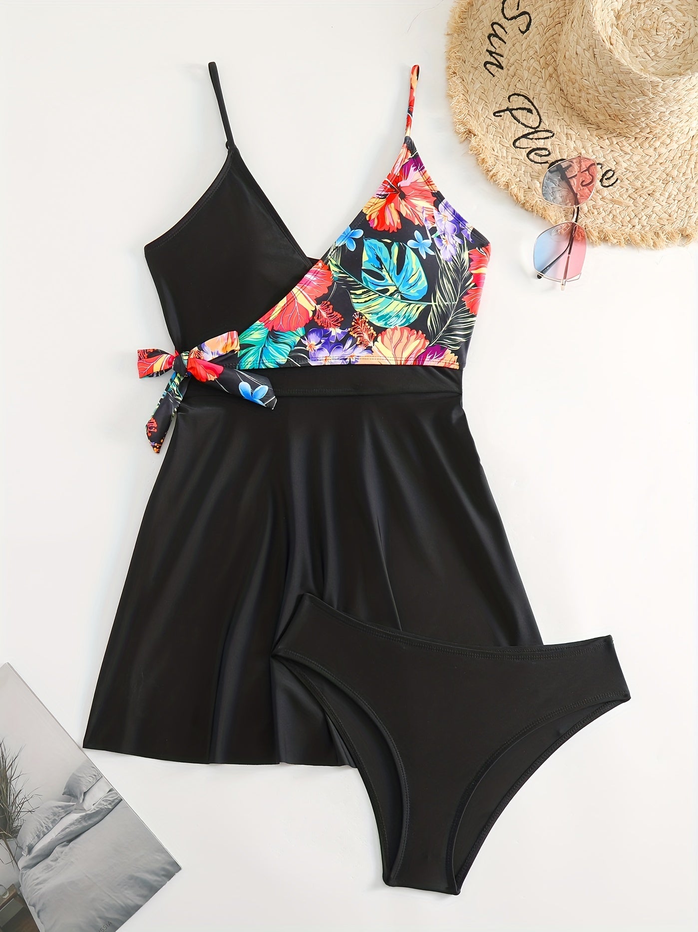 Tropical Print Two Pieces Swimsuit V Neck Bow Tie Beachwear